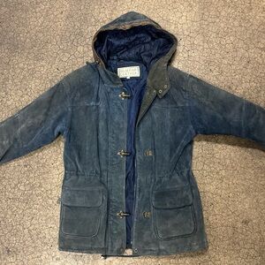 Rare VTG Braefair Leather New York Blue Hooded Jacket with Toggle Closures